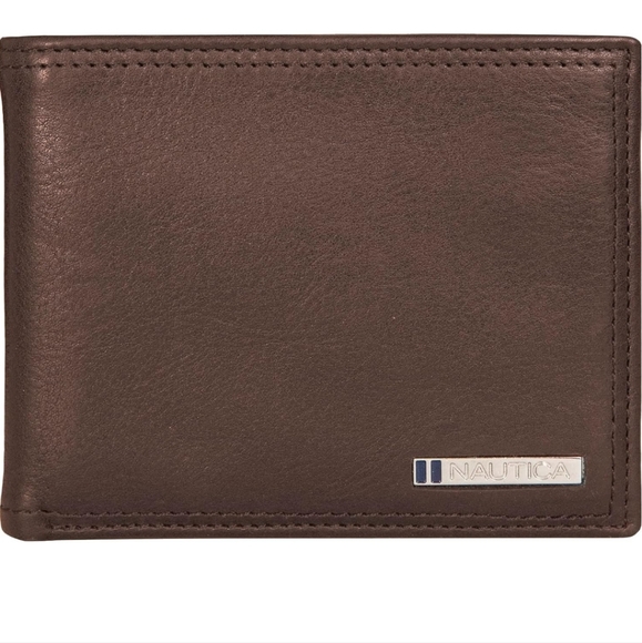 New Brown Enameled Logo Nautica Men's Bifold Leather Wallet | RFID Blocking - Picture 1 of 7
